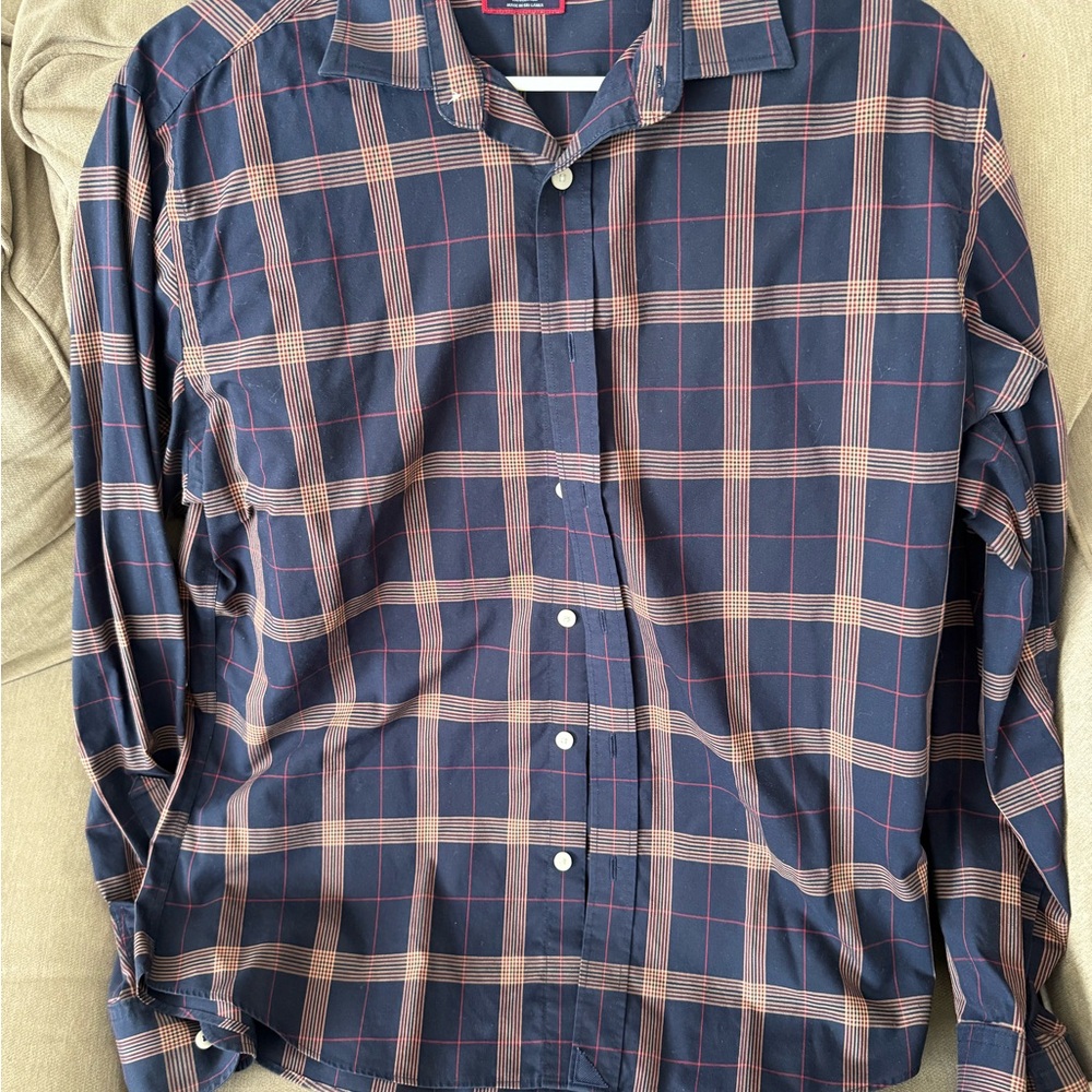 UNTUCKit Navy and Orange Checkered Dress Shirt